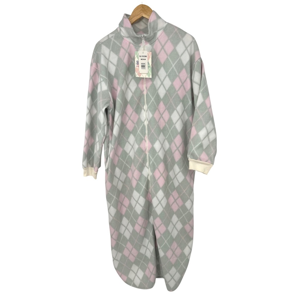 Vtg Bill Blass Women M Pink Grey Argyle Fleece Zip Front Long Robe Pajama Lounge